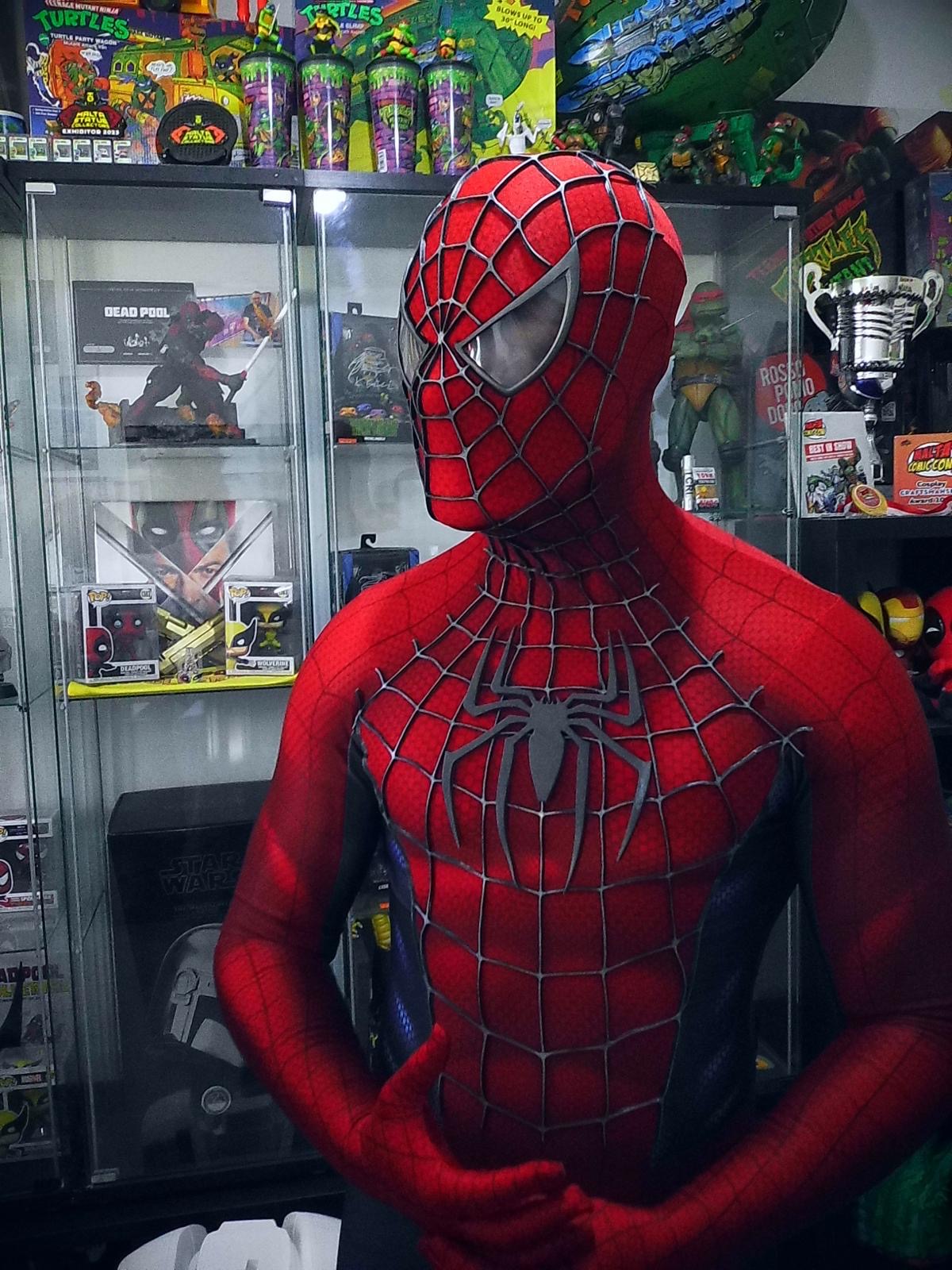 Spidey Suit SAM RAIMI TOBEY version with Face shell & 3D Rubber Web Movie Prop Replica(wearable)